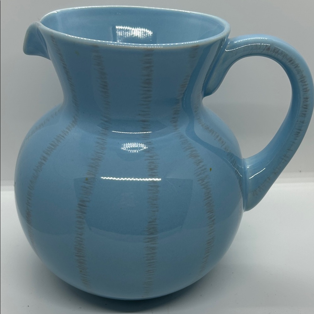 Vintage Inno-Art Blue Water Pitcher Soft Gray Zig Zag Design, 8” Tall